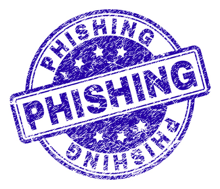 PHISHING stamp seal imprint with grunge texture. Designed with rounded rectangles and circles. Blue vector rubber print of PHISHING caption with dirty texture.のイラスト素材
