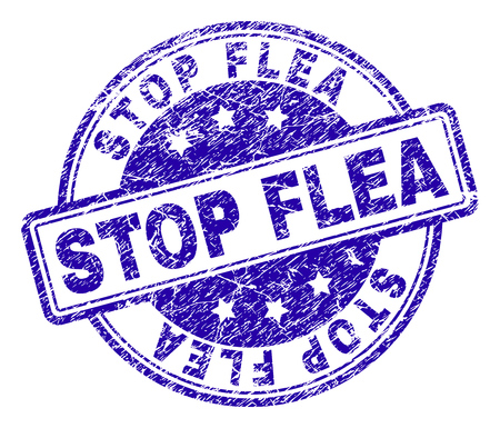 STOP FLEA stamp seal imprint with distress texture. Designed with rounded rectangles and circles. Blue vector rubber print of STOP FLEA label with dust texture.のイラスト素材