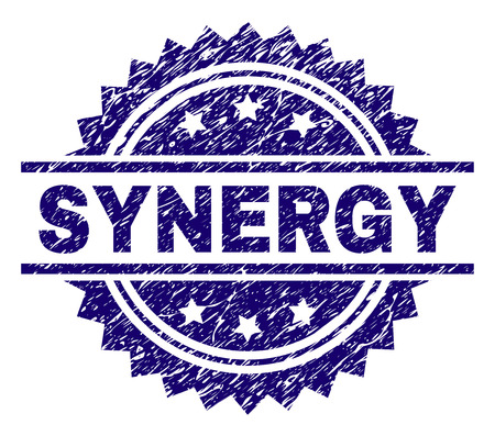 SYNERGY stamp seal watermark with distress style. Blue vector rubber print of SYNERGY text with scratched texture.のイラスト素材
