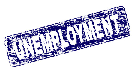 UNEMPLOYMENT stamp seal print with distress style. Seal shape is a rounded rectangle with frame. Blue vector rubber print of UNEMPLOYMENT tag with scratched style.のイラスト素材