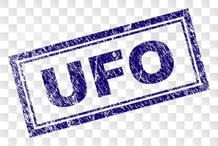 UFO stamp seal print with rubber print style and double framed rectangle shape. Stamp is placed on a transparent background. Blue vector rubber print of UFO caption with unclean texture.のイラスト素材
