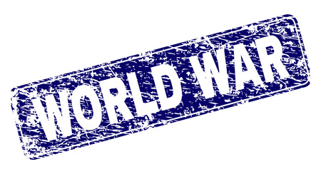WORLD WAR stamp seal print with distress texture. Seal shape is a rounded rectangle with frame. Blue vector rubber print of WORLD WAR caption with dirty texture.のイラスト素材
