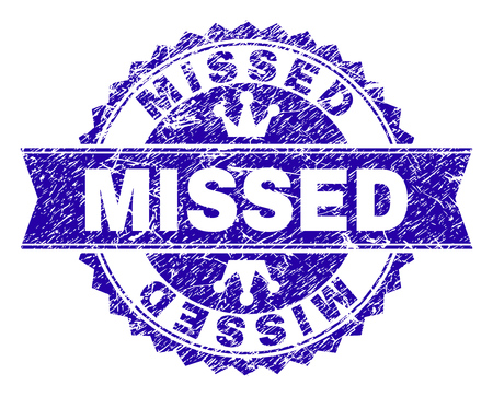 MISSED rosette stamp seal watermark with grunge style. Designed with round rosette, ribbon and small crowns. Blue vector rubber print of MISSED tag with grunge style.のイラスト素材