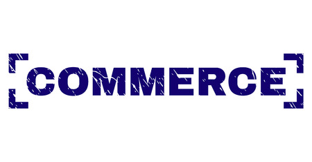 COMMERCE text seal print with corroded texture. Text title is placed between corners. Blue vector rubber print of COMMERCE with dirty texture.のイラスト素材