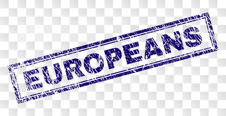 EUROPEANS stamp seal print with dirty style and double framed rectangle shape. Stamp is placed on a transparent background. Blue vector rubber print of EUROPEANS text with dirty texture.のイラスト素材