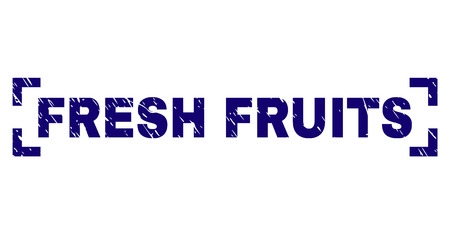 FRESH FRUITS text seal print with distress texture. Text caption is placed between corners. Blue vector rubber print of FRESH FRUITS with unclean texture.のイラスト素材