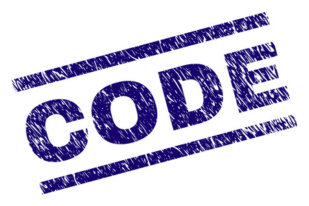 CODE seal print with distress style. Blue vector rubber print of CODE text with grunge texture. Text caption is placed between parallel lines.のイラスト素材