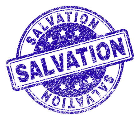 SALVATION stamp seal watermark with distress texture. Designed with rounded rectangles and circles. Blue vector rubber print of SALVATION title with unclean texture.のイラスト素材