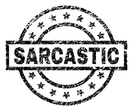 SARCASTIC stamp seal watermark with distress style. Designed with rectangle, circles and stars. Black vector rubber print of SARCASTIC title with scratched texture.のイラスト素材