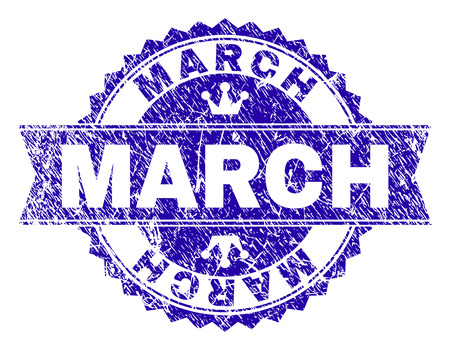 MARCH rosette stamp watermark with distress effect. Designed with round rosette, ribbon and small crowns. Blue vector rubber watermark of MARCH label with retro style.のイラスト素材
