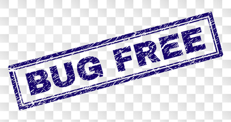 BUG FREE stamp seal imprint with rubber print style and double framed rectangle shape. Stamp is placed on a transparent background. Blue vector rubber print of BUG FREE title with corroded texture.のイラスト素材