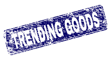 TRENDING GOODS stamp seal imprint with grunge texture. Seal shape is a rounded rectangle with frame. Blue vector rubber print of TRENDING GOODS title with grunge texture.のイラスト素材