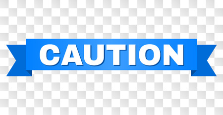 CAUTION text on a ribbon. Designed with white caption and blue tape. Vector banner with CAUTION tag on a transparent background.のイラスト素材