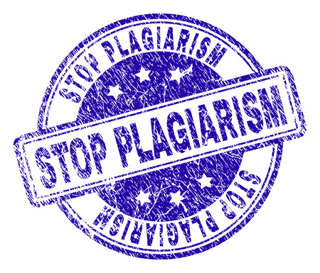 STOP PLAGIARISM stamp seal watermark with grunge texture. Designed with rounded rectangles and circles. Blue vector rubber print of STOP PLAGIARISM text with scratched texture.のイラスト素材