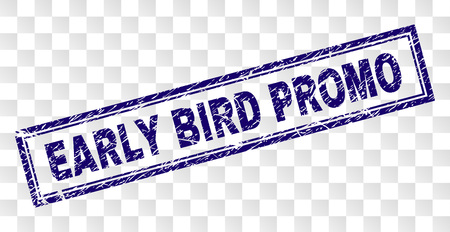 EARLY BIRD PROMO stamp seal print with rubber print style and double framed rectangle shape. Stamp is placed on a transparent background.のイラスト素材