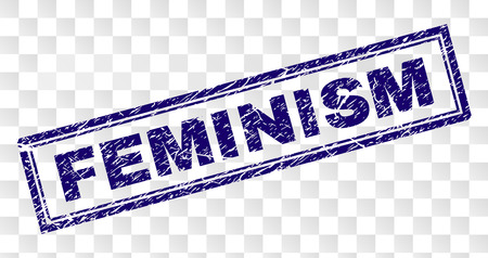 FEMINISM stamp seal watermark with rubber print style and double framed rectangle shape. Stamp is placed on a transparent background. Blue vector rubber print of FEMINISM tag with dirty texture.のイラスト素材