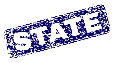 STATE stamp seal print with grunge texture. Seal shape is a rounded rectangle with frame. Blue vector rubber print of STATE title with dirty texture.のイラスト素材