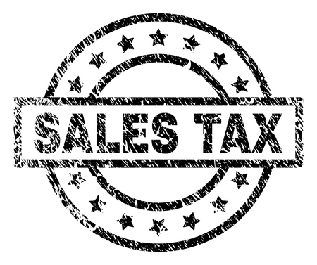SALES TAX stamp seal watermark with distress style. Designed with rectangle, circles and stars. Black vector rubber print of SALES TAX title with grunge texture.のイラスト素材