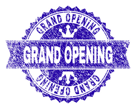 GRAND OPENING rosette seal watermark with distress effect. Designed with round rosette, ribbon and small crowns. Blue vector rubber watermark of GRAND OPENING label with grunge texture.のイラスト素材