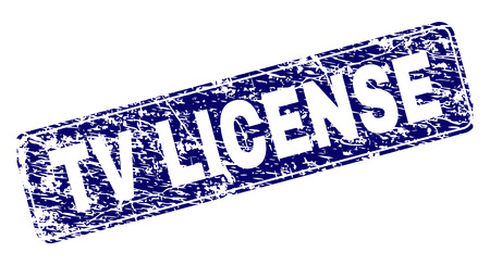 TV LICENSE stamp seal print with grunge style. Seal shape is a rounded rectangle with frame. Blue vector rubber print of TV LICENSE caption with dust style.のイラスト素材