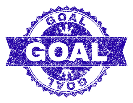 GOAL rosette stamp seal imprint with grunge style. Designed with round rosette, ribbon and small crowns. Blue vector rubber watermark of GOAL tag with dirty style.のイラスト素材