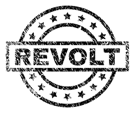 REVOLT stamp seal watermark with distress style. Designed with rectangle, circles and stars. Black vector rubber print of REVOLT text with unclean texture.のイラスト素材