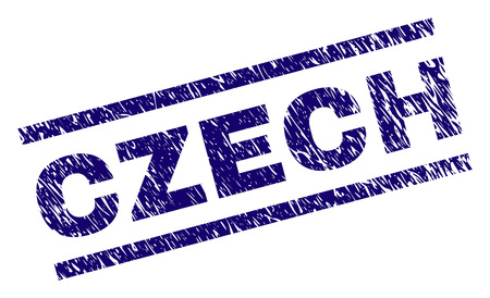 CZECH seal print with grunge style. Blue vector rubber print of CZECH text with unclean texture. Text label is placed between parallel lines.のイラスト素材