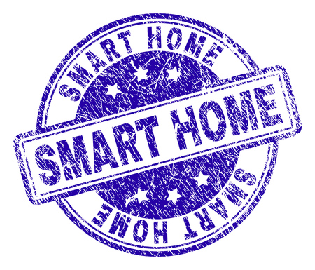 SMART HOME stamp seal imprint with distress texture. Designed with rounded rectangles and circles. Blue vector rubber print of SMART HOME text with dust texture.のイラスト素材
