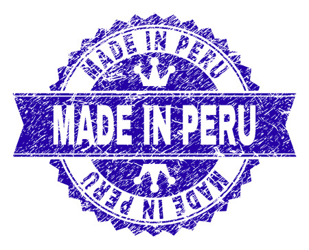 MADE IN PERU rosette stamp overlay with distress style. Designed with round rosette, ribbon and small crowns. Blue vector rubber print of MADE IN PERU text with unclean style.のイラスト素材