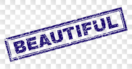 BEAUTIFUL stamp seal print with rubber print style and double framed rectangle shape. Stamp is placed on a transparent background. Blue vector rubber print of BEAUTIFUL tag with scratched texture.のイラスト素材