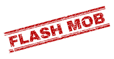 FLASH MOB seal print with corroded texture. Red vector rubber print of FLASH MOB label with retro texture. Text label is placed between double parallel lines.のイラスト素材