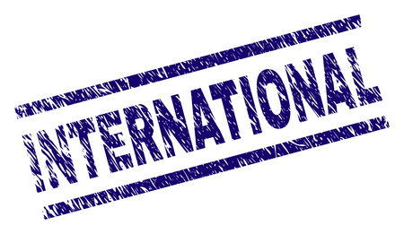 INTERNATIONAL seal imprint with grunge style. Blue vector rubber print of INTERNATIONAL tag with grunge texture. Text tag is placed between parallel lines.のイラスト素材