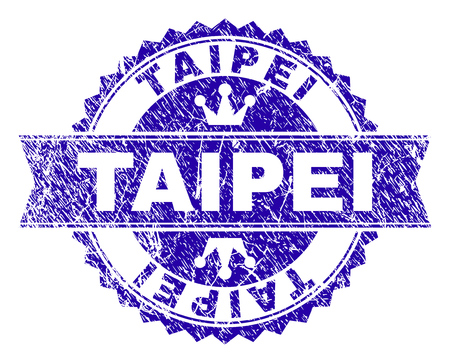 TAIPEI rosette seal imprint with grunge texture. Designed with round rosette, ribbon and small crowns. Blue vector rubber print of TAIPEI caption with dust texture.のイラスト素材