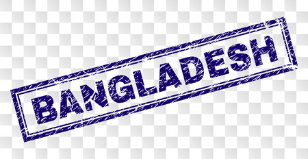 BANGLADESH stamp seal watermark with rubber print style and double framed rectangle shape. Stamp is placed on a transparent background. Blue vector rubber print of BANGLADESH text with dust texture.のイラスト素材