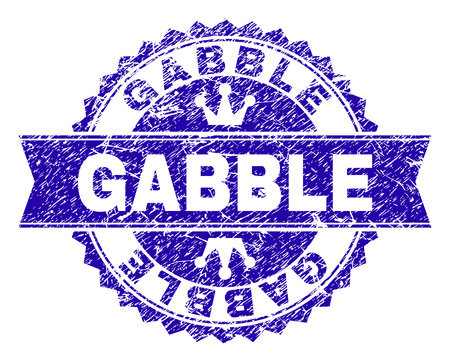 GABBLE rosette stamp seal watermark with grunge texture. Designed with round rosette, ribbon and small crowns. Blue vector rubber watermark of GABBLE title with scratched texture.のイラスト素材
