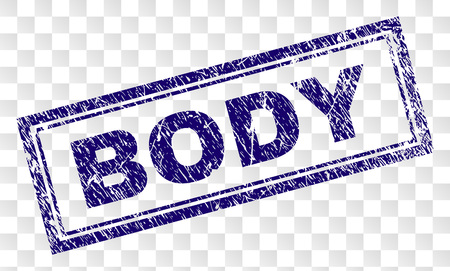 BODY stamp seal print with scratched style and double framed rectangle shape. Stamp is placed on a transparent background. Blue vector rubber print of BODY caption with scratched texture.のイラスト素材
