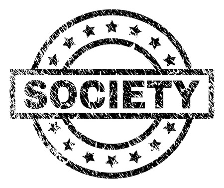 SOCIETY stamp seal watermark with distress style. Designed with rectangle, circles and stars. Black vector rubber print of SOCIETY title with dirty texture.のイラスト素材