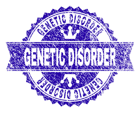 GENETIC DISORDER rosette seal imitation with grunge style. Designed with round rosette, ribbon and small crowns. Blue vector rubber print of GENETIC DISORDER text with retro style.のイラスト素材