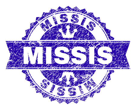 MISSIS rosette stamp imprint with grunge texture. Designed with round rosette, ribbon and small crowns. Blue vector rubber print of MISSIS title with grunge texture.のイラスト素材