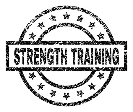 STRENGTH TRAINING stamp seal watermark with distress style. Designed with rectangle, circles and stars. Black vector rubber print of STRENGTH TRAINING title with unclean texture.のイラスト素材