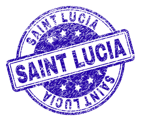 SAINT LUCIA stamp seal imprint with distress texture. Designed with rounded rectangles and circles. Blue vector rubber print of SAINT LUCIA tag with retro texture.のイラスト素材