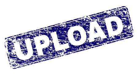 UPLOAD stamp seal print with distress style. Seal shape is a rounded rectangle with frame. Blue vector rubber print of UPLOAD label with dust style.のイラスト素材