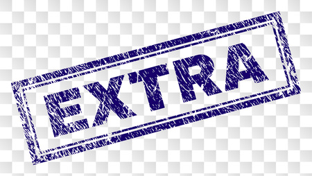 EXTRA stamp seal print with rubber print style and double framed rectangle shape. Stamp is placed on a transparent background. Blue vector rubber print of EXTRA title with dirty texture.のイラスト素材
