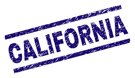 CALIFORNIA seal print with scratced style. Blue vector rubber print of CALIFORNIA text with retro texture. Text tag is placed between parallel lines.のイラスト素材