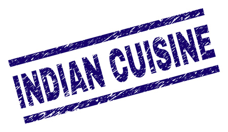 INDIAN CUISINE seal print with distress style. Blue vector rubber print of INDIAN CUISINE label with scratched texture. Text label is placed between parallel lines.のイラスト素材