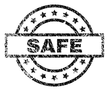 SAFE stamp seal watermark with distress style. Designed with rectangle, circles and stars. Black vector rubber print of SAFE tag with scratched texture.のイラスト素材