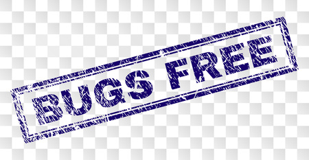 BUGS FREE stamp seal watermark with rubber print style and double framed rectangle shape. Stamp is placed on a transparent background. Blue vector rubber print of BUGS FREE caption with dirty texture.のイラスト素材
