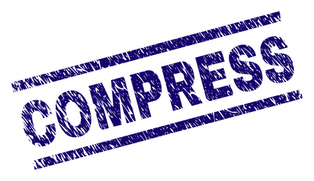 COMPRESS seal print with grunge style. Blue vector rubber print of COMPRESS text with dust texture. Text caption is placed between parallel lines.のイラスト素材
