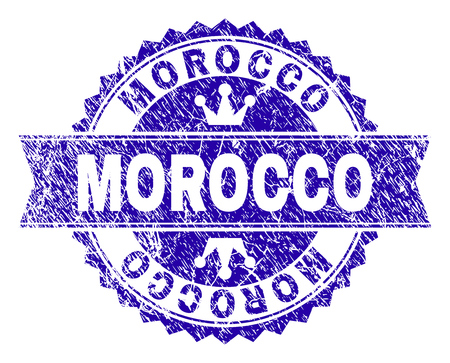 MOROCCO rosette seal watermark with grunge style. Designed with round rosette, ribbon and small crowns. Blue vector rubber watermark of MOROCCO title with grunge style.のイラスト素材