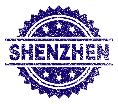 SHENZHEN stamp seal watermark with distress style. Blue vector rubber print of SHENZHEN caption with dirty texture.のイラスト素材
